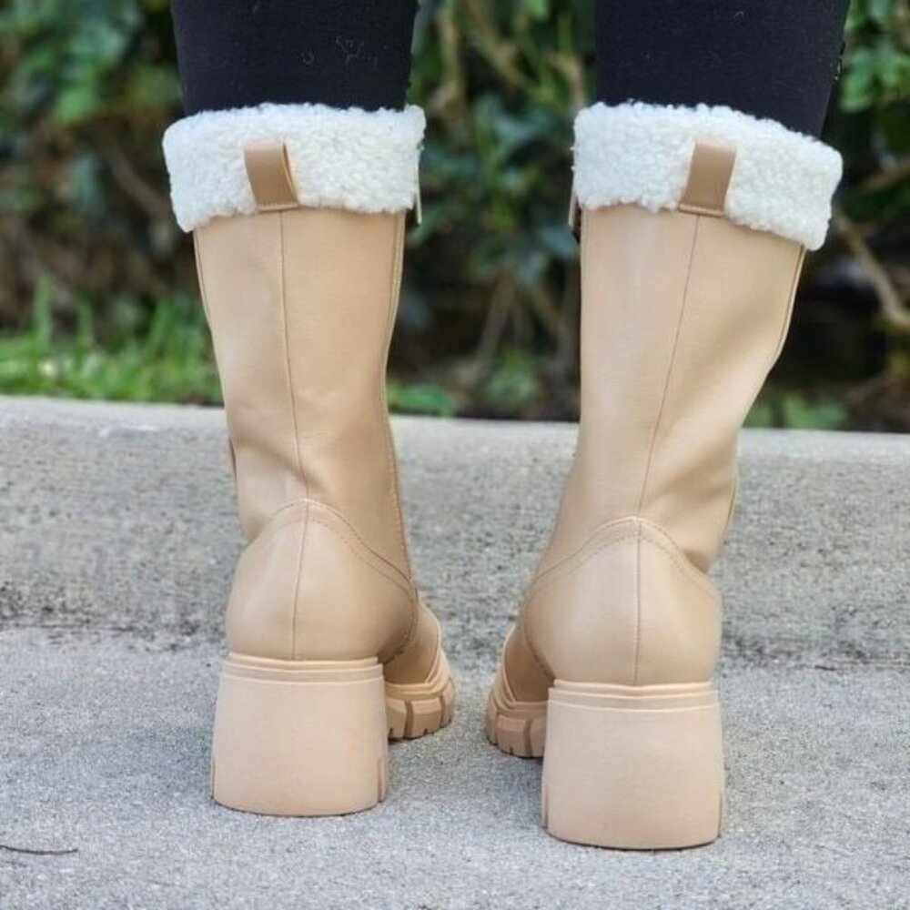 Women's Sherpa Faux Fur Ankle Boot Nude Color - Picture 3 of 5